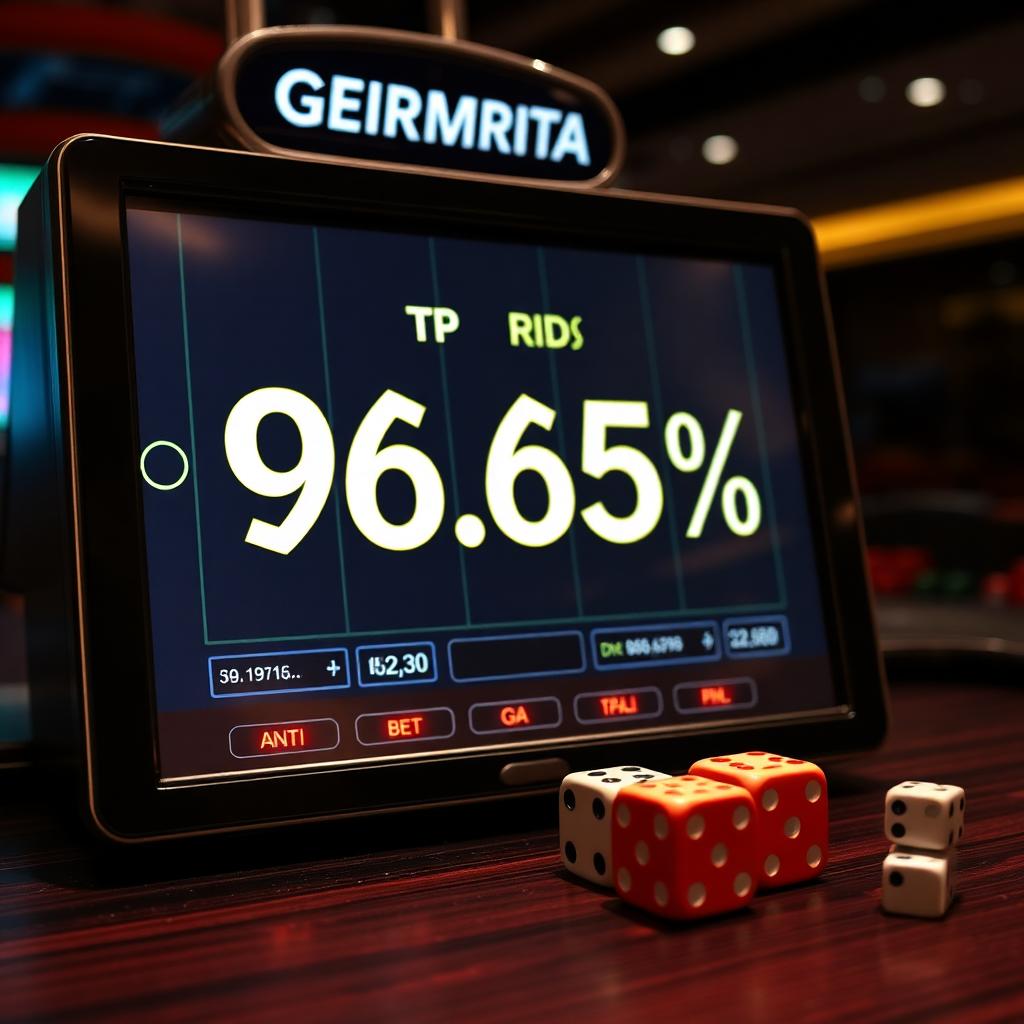 Slot-Display mit RTP-Anzeige 96,5 % und Wahrscheinlichkeits-Diagramm auf dunklem Casino-Tisch — Symbolbild für Auszahlungsquote