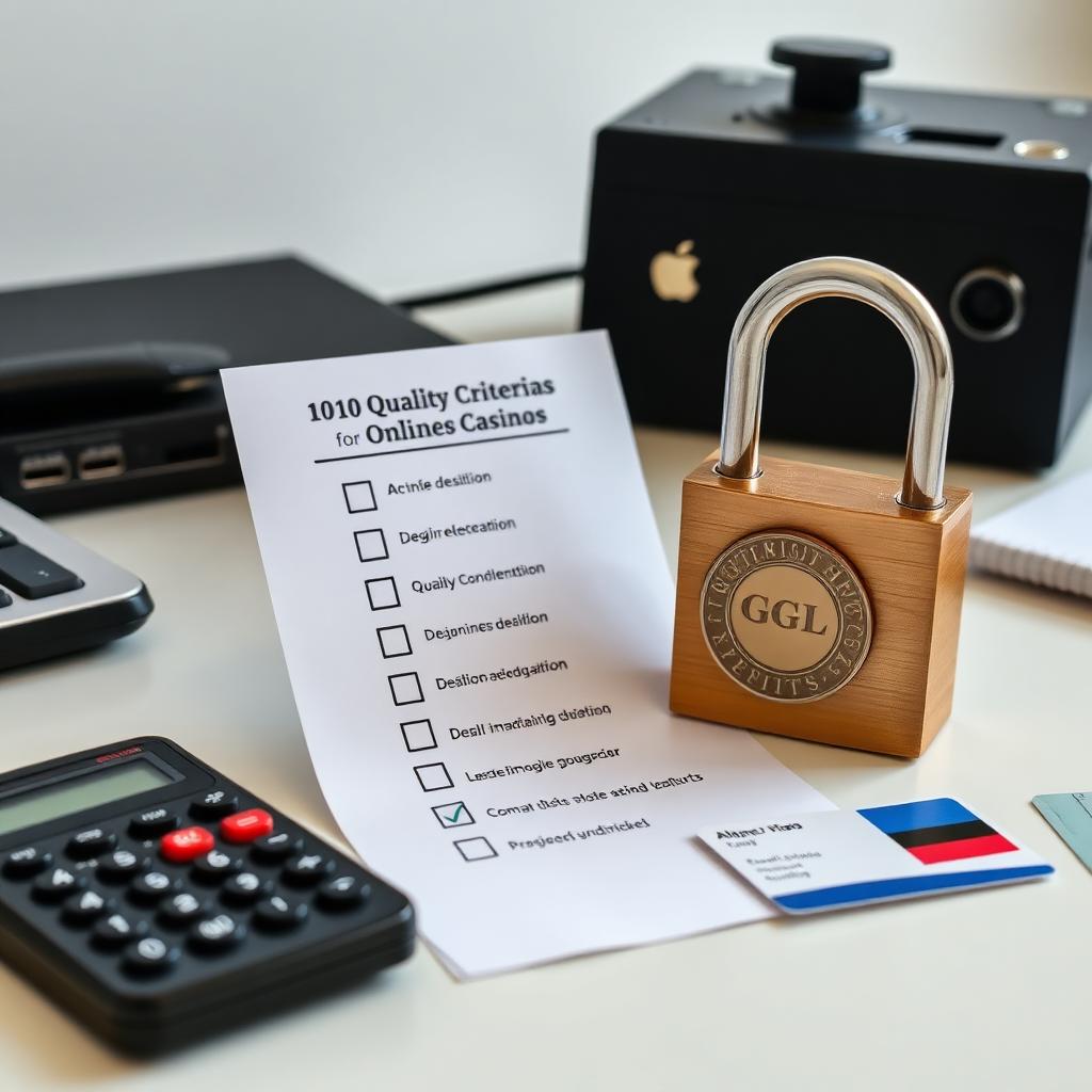 Checkliste mit 10 Qualitätskriterien für Online-Casinos, GGL-Siegel und Vorhängeschloss auf Schreibtisch — Symbolbild für Casino-Prüfung