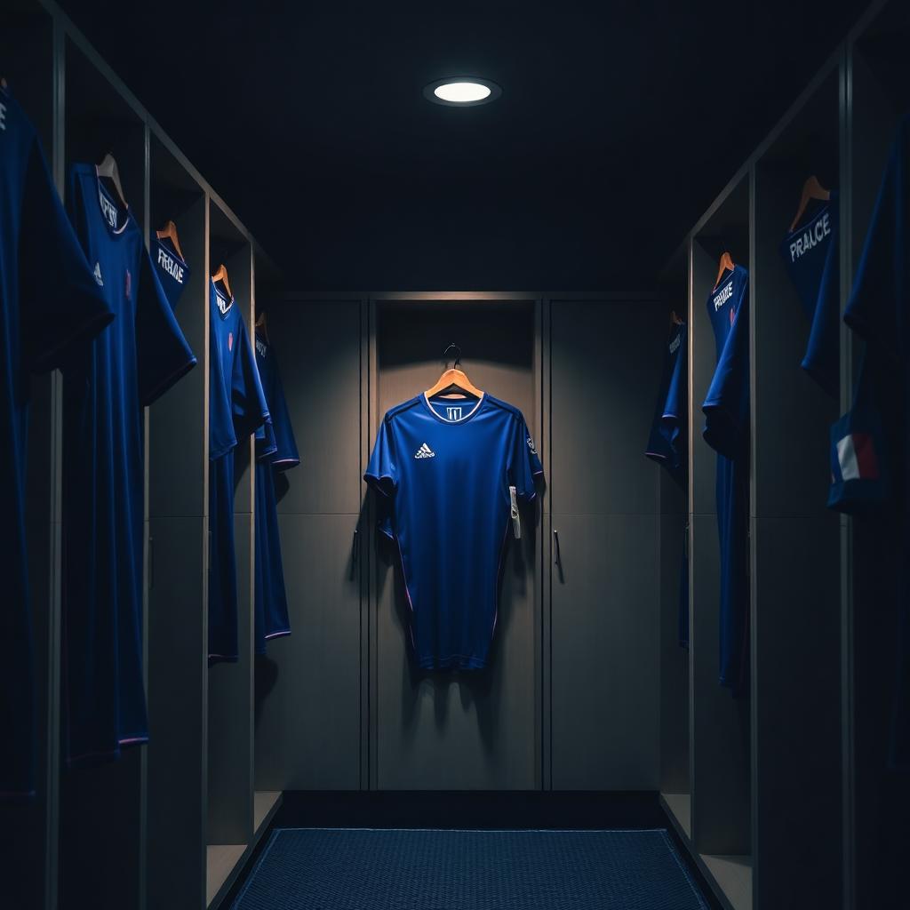 Dunkle Umkleidekabine mit einzelnem blauen Trikot an der Wand, Symbolbild für den Spielerprotest der französischen Nationalmannschaft gegen Betclic-Werbung